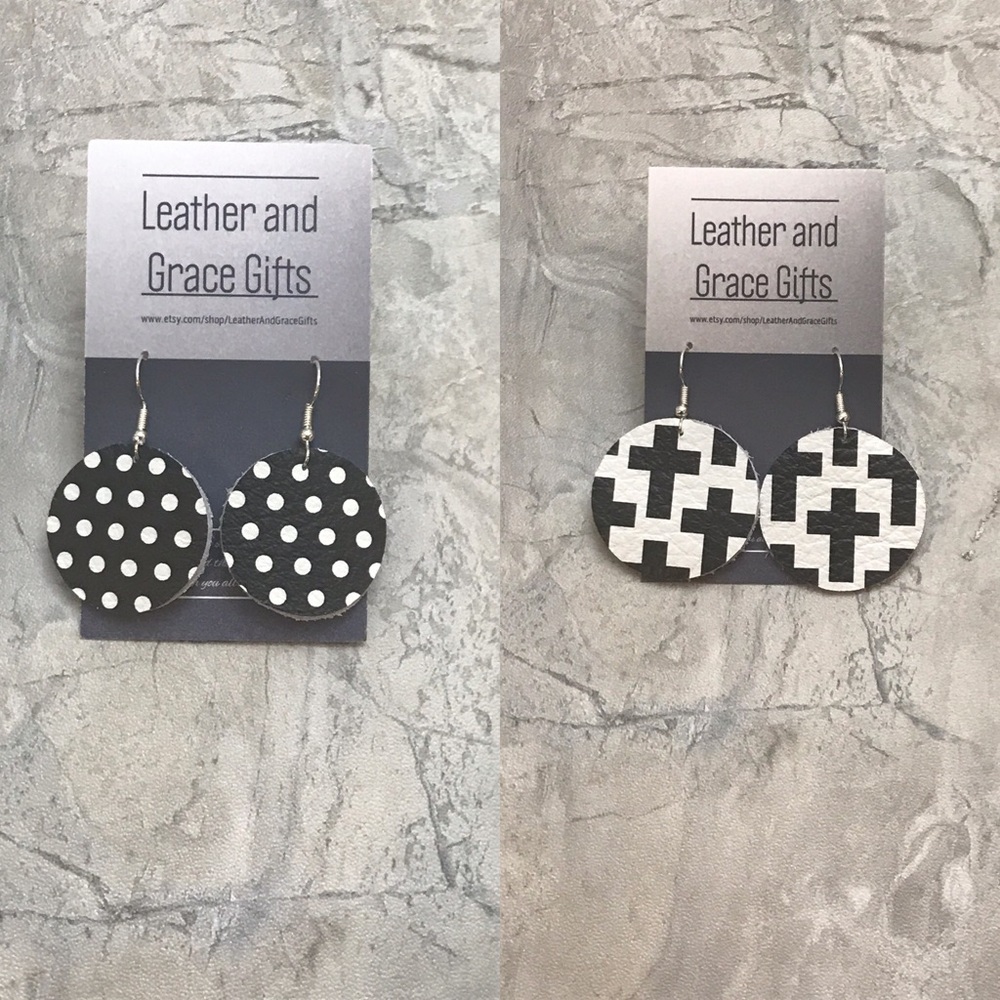 New Leather Black White Cross Polka Dot Earrings